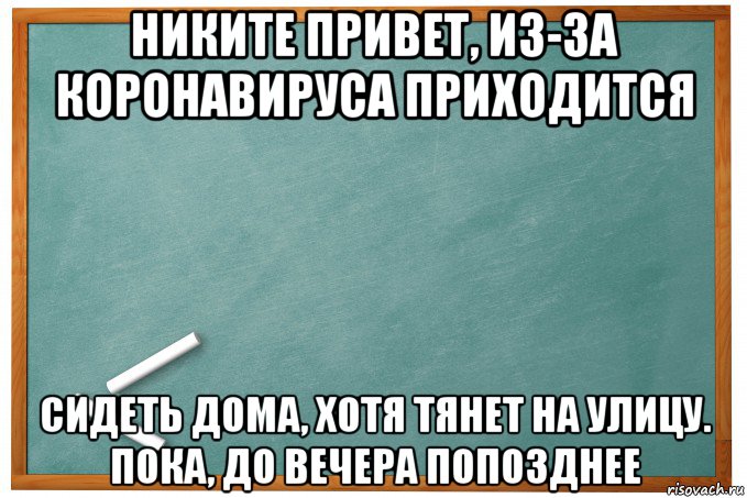 никите привет, из-за коронавируса приходится сидеть дома, хотя тянет на улицу. пока, до вечера попозднее