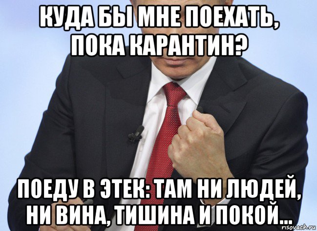куда бы мне поехать, пока карантин? поеду в этек: там ни людей, ни вина, тишина и покой..., Мем Путин показывает кулак