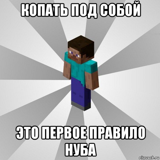 копать под собой это первое правило нуба, Мем Типичный игрок Minecraft