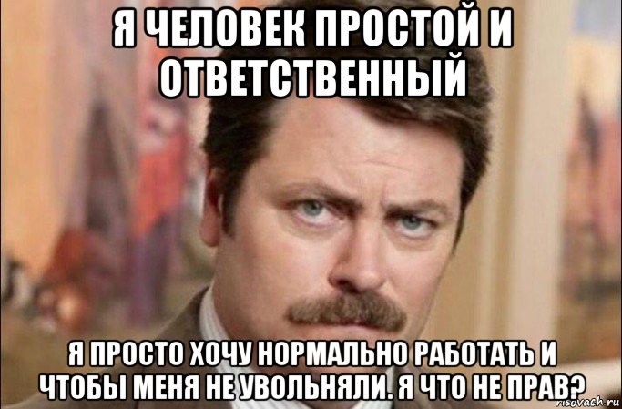 я человек простой и ответственный я просто хочу нормально работать и чтобы меня не увольняли. я что не прав?, Мем  Я человек простой