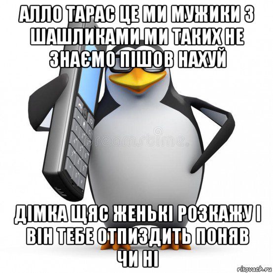 алло тарас це ми мужики з шашликами ми таких не знаємо пішов нахуй дімка щяс женькі розкажу і він тебе отпиздить поняв чи ні, Мем  88005553535