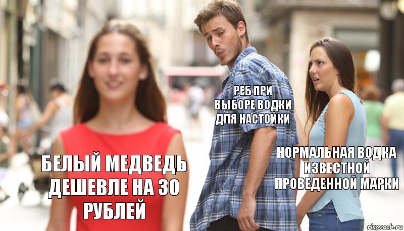 Реб при выборе водки для настойки Нормальная водка известной проведенной марки Белый медведь дешевле на 30 рублей, Комикс      Парень засмотрелся на другую девушку