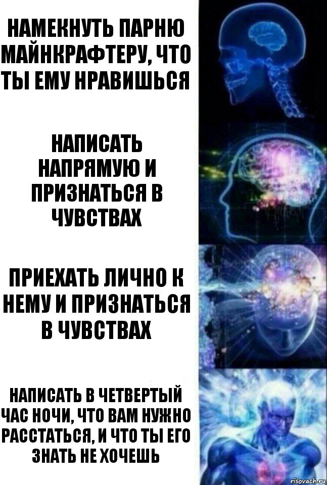 Намекнуть парню майнкрафтеру, что ты ему нравишься Написать напрямую и признаться в чувствах Приехать лично к нему и признаться в чувствах написать в четвертый час ночи, что вам нужно расстаться, и что ты его знать не хочешь, Комикс  Сверхразум