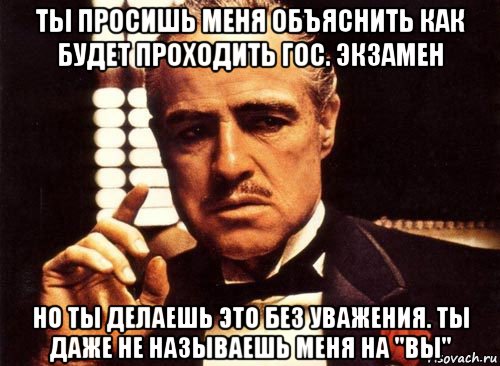 ты просишь меня объяснить как будет проходить гос. экзамен но ты делаешь это без уважения. ты даже не называешь меня на "вы", Мем крестный отец