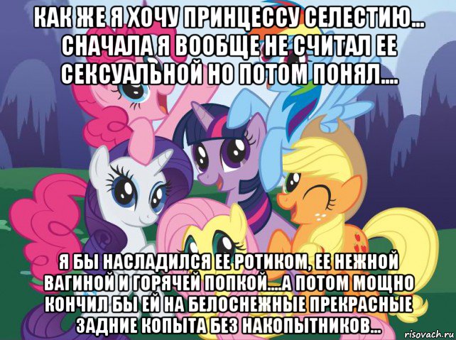 как же я хочу принцессу селестию... сначала я вообще не считал ее сексуальной но потом понял.... я бы насладился ее ротиком, ее нежной вагиной и горячей попкой....а потом мощно кончил бы ей на белоснежные прекрасные задние копыта без накопытников..., Мем My little pony