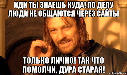 иди ты знаешь куда! по делу люди не общаются через сайты только лично! так что помолчи, дура старая!, Мем Нельзя просто так взять и (Боромир мем)