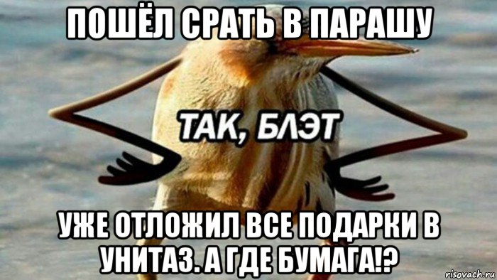 пошёл срать в парашу уже отложил все подарки в унитаз. а где бумага!?, Мем  Так блэт