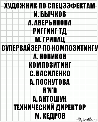 художник по спецээфектам
И. Бычков
А. Аверьянова
риггинг ТД
М. Гринац
супервайзер по композитингу
А. Новиков
композитинг
С. Василенко
А. Лоскутова
R'n'D
А. Антошук
технический директор
М. Кедров, Комикс  бумага