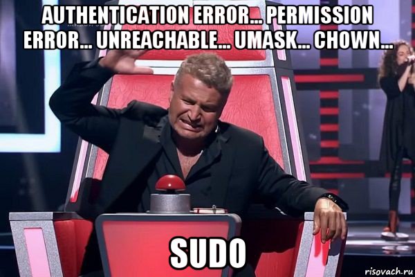 authentication error... permission error... unreachable... umask... chown... sudo, Мем   Отчаянный Агутин