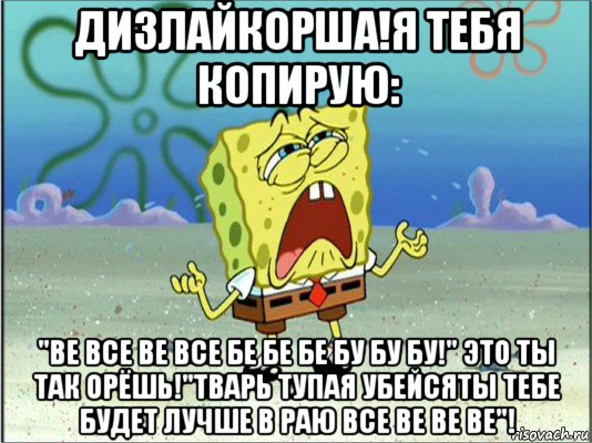 дизлайкорша!я тебя копирую: "ве все ве все бе бе бе бу бу бу!" это ты так орёшь!"тварь тупая убейсяты тебе будет лучше в раю все ве ве ве"!, Мем Спанч Боб плачет