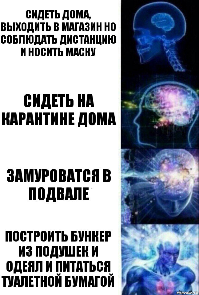 Сидеть дома, выходить в магазин но соблюдать дистанцию и носить маску Сидеть на карантине дома Замуроватся в подвале Построить бункер из подушек и одеял и питаться туалетной бумагой, Комикс  Сверхразум