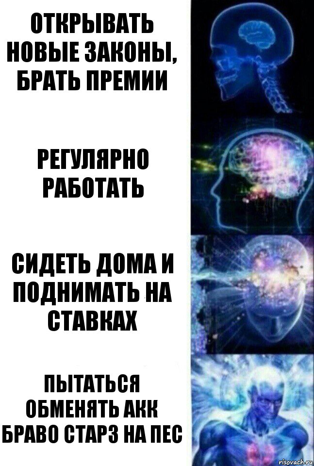 Открывать новые законы, брать премии Регулярно работать Сидеть дома и поднимать на ставках Пытаться обменять акк браво Старз на ПЕС, Комикс  Сверхразум