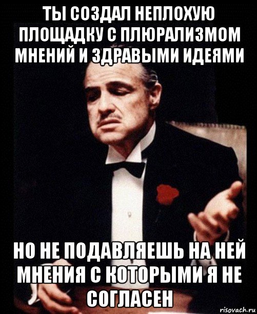 ты создал неплохую площадку с плюрализмом мнений и здравыми идеями но не подавляешь на ней мнения с которыми я не согласен, Мем ты делаешь это без уважения