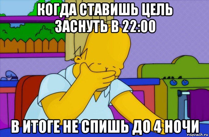 когда ставишь цель заснуть в 22:00 в итоге не спишь до 4 ночи, Мем Homer simpson facepalm