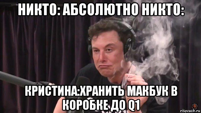 никто: абсолютно никто: кристина:хранить макбук в коробке до q1, Мем Илон Маск