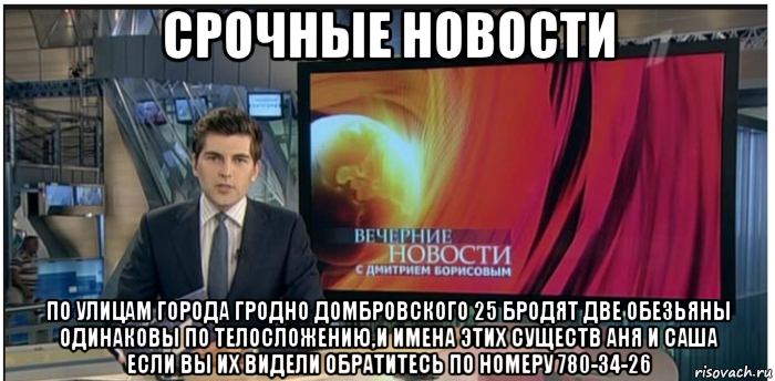 срочные новости по улицам города гродно домбровского 25 бродят две обезьяны одинаковы по телосложению,и имена этих существ аня и саша если вы их видели обратитесь по номеру 780-34-26