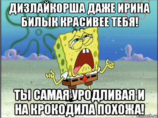 дизлайкорша даже ирина билык красивее тебя! ты самая уродливая и на крокодила похожа!, Мем Спанч Боб плачет