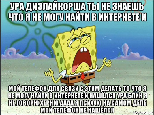 ура дизлайкорша ты не знаешь что я не могу найти в интернете и мой телефон для связи с этим делать то что я не могу найти в интернете и нашёлся ура блин я не говорю херню аааа я психую на самом деле мой телефон не нашёлся, Мем Спанч Боб плачет