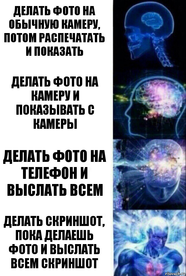 Делать фото на обычную камеру, потом распечатать и показать Делать фото на камеру и показывать с камеры Делать фото на телефон и выслать всем Делать скриншот, пока делаешь фото и выслать всем скриншот