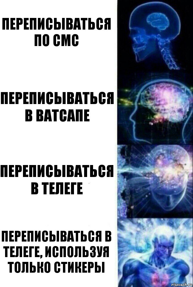 Переписываться по смс Переписываться в ватсапе Переписываться в телеге Переписываться в телеге, используя только стикеры, Комикс  Сверхразум