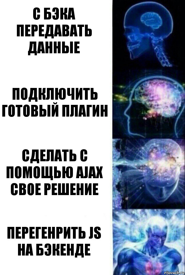 с бэка передавать данные подключить готовый плагин сделать с помощью AJAX свое решение Перегенрить JS на бэкенде, Комикс  Сверхразум