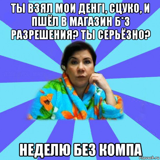 ты взял мои денгi, сцуко, и пшёл в магазин б*з разрешения? ты серьёзно? неделю без компа, Мем типичная мама