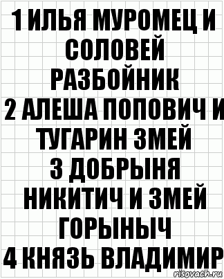 1 Илья муромец и соловей разбойник
2 Алеша попович и тугарин змей
3 Добрыня никитич и змей горыныч
4 Князь владимир, Комикс  бумага