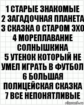 1 Старые знакомые
2 Загадочная планета
3 Сказка о старом эхо
4 Мореплавание солнышкина
5 Утенок который не умел играть в футбол
6 Большая полицейская сказка
7 Все непонятливые, Комикс  бумага