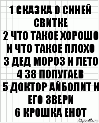 1 Сказка о синей свитке
2 Что такое хорошо и что такое плохо
3 Дед мороз и лето
4 38 Попугаев
5 Доктор айболит и его звери
6 Крошка енот, Комикс  бумага