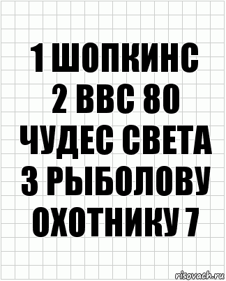 1 Шопкинс
2 BBC 80 Чудес света
3 Рыболову охотнику 7, Комикс  бумага