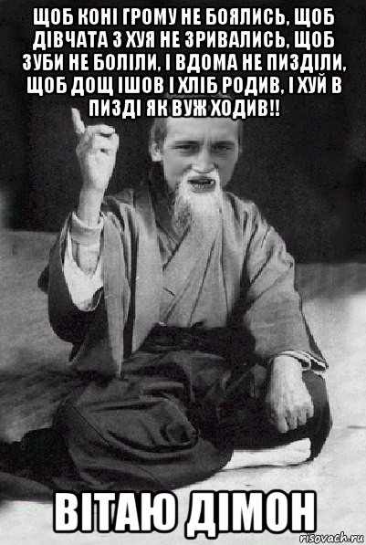 щоб коні грому не боялись, щоб дівчата з хуя не зривались, щоб зуби не боліли, і вдома не пизділи, щоб дощ ішов і хліб родив, і хуй в пизді як вуж ходив!! вітаю дімон