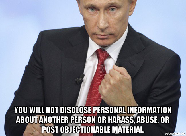  you will not disclose personal information about another person or harass, abuse, or post objectionable material., Мем Путин показывает кулак