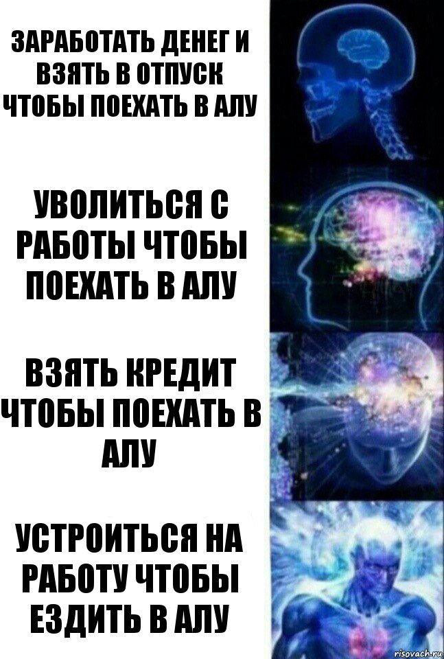 Заработать денег и взять в отпуск чтобы поехать в Алу Уволиться с работы чтобы поехать в Алу Взять кредит чтобы поехать в Алу Устроиться на работу чтобы ездить в Алу