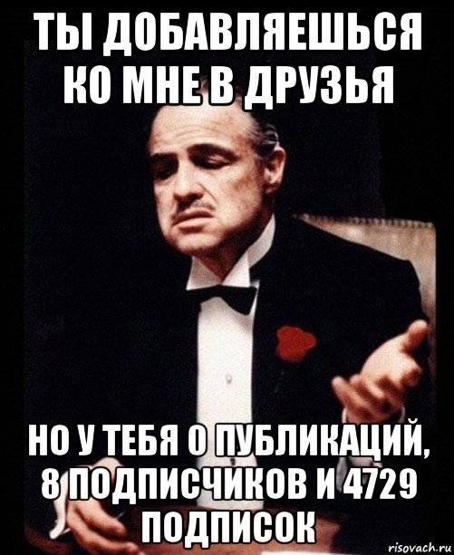 ты добавляешься ко мне в друзья но у тебя 0 публикаций, 8 подписчиков и 4729 подписок, Мем ты делаешь это без уважения