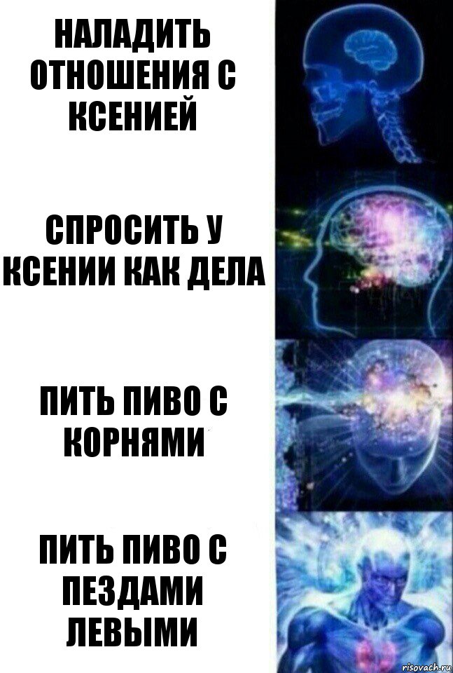 Наладить отношения с Ксенией Спросить у Ксении как дела Пить пиво с корнями Пить пиво с пездами левыми