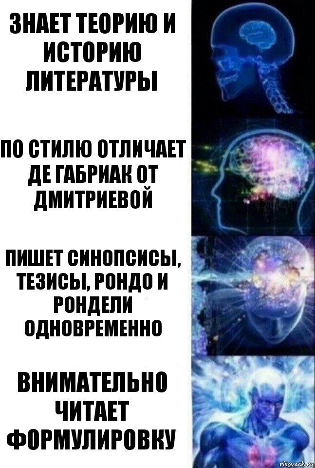 Знает теорию и историю литературы По стилю отличает де Габриак от Дмитриевой Пишет синопсисы, тезисы, рондо и рондели одновременно Внимательно читает формулировку, Комикс  Сверхразум