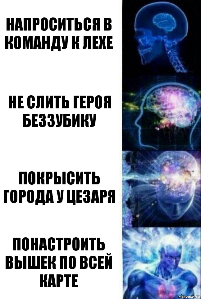 Напроситься в команду к Лехе Не слить героя беззубику Покрысить города у цезаря Понастроить вышек по всей карте, Комикс  Сверхразум