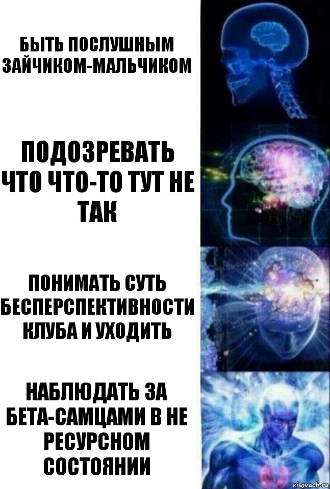 Быть послушным зайчиком-мальчиком Подозревать что что-то тут не так Понимать суть бесперспективности клуба и уходить Наблюдать за бета-самцами в не ресурсном состоянии, Комикс  Сверхразум