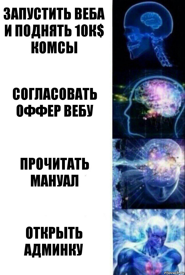 запустить веба и поднять 10к$ комсы согласовать оффер вебу прочитать мануал открыть админку, Комикс  Сверхразум