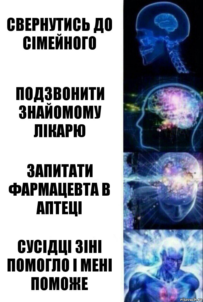 Свернутись до сімейного Подзвонити знайомому лікарю Запитати фармацевта в аптеці Сусідці Зіні помогло і мені поможе, Комикс  Сверхразум