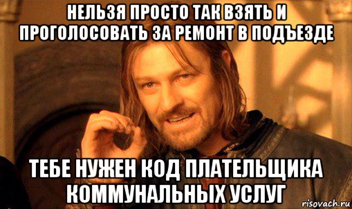 нельзя просто так взять и проголосовать за ремонт в подъезде тебе нужен код плательщика коммунальных услуг, Мем Нельзя просто так взять и (Боромир мем)