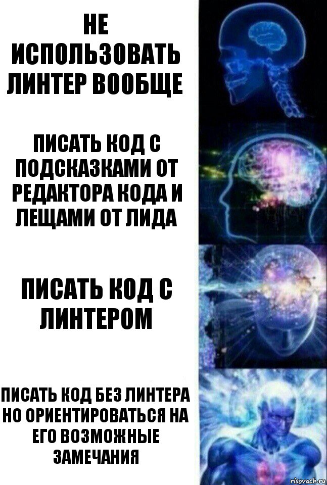 Не использовать линтер вообще Писать код с подсказками от редактора кода и лещами от лида Писать код с линтером Писать код без линтера но ориентироваться на его возможные замечания, Комикс  Сверхразум