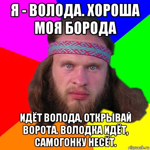 я - волода. хороша моя борода идёт волода, открывай ворота. володка идёт, самогонку несёт., Мем Типичный долбослав