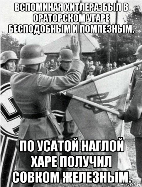 вспоминая хитлера: был в ораторском угаре бесподобным и помпезным, по усатой наглой харе получил совком железным., Мем Украiна