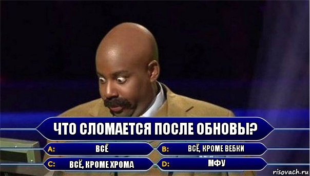 Что сломается после обновы? Всё Всё, кроме вебки Всё, кроме хрома МФУ, Комикс      Кто хочет стать миллионером