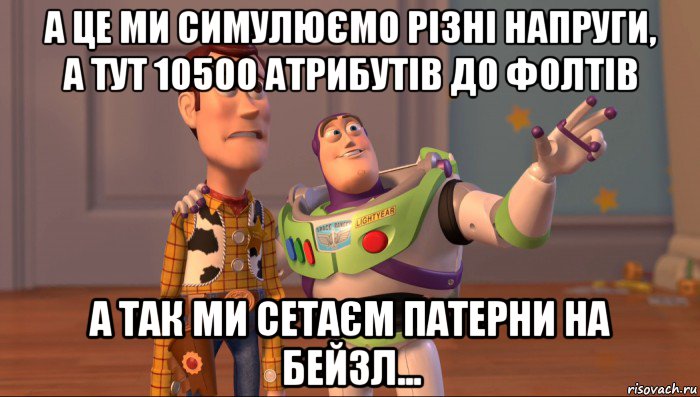 а це ми симулюємо різні напруги, а тут 10500 атрибутів до фолтів а так ми сетаєм патерни на бейзл..., Мем Они повсюду (История игрушек)