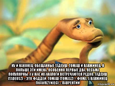  ну и наконец, обещанные тадеуш, томаш и вавжинец. в польше эти имена, особенно первые два, весьма популярны, а у нас их аналоги встречаются редко. тадеуш (tadeusz) – это фаддей, томаш (tomasz) – фома, а вавжинец (wawrzyniec) – лаврентий